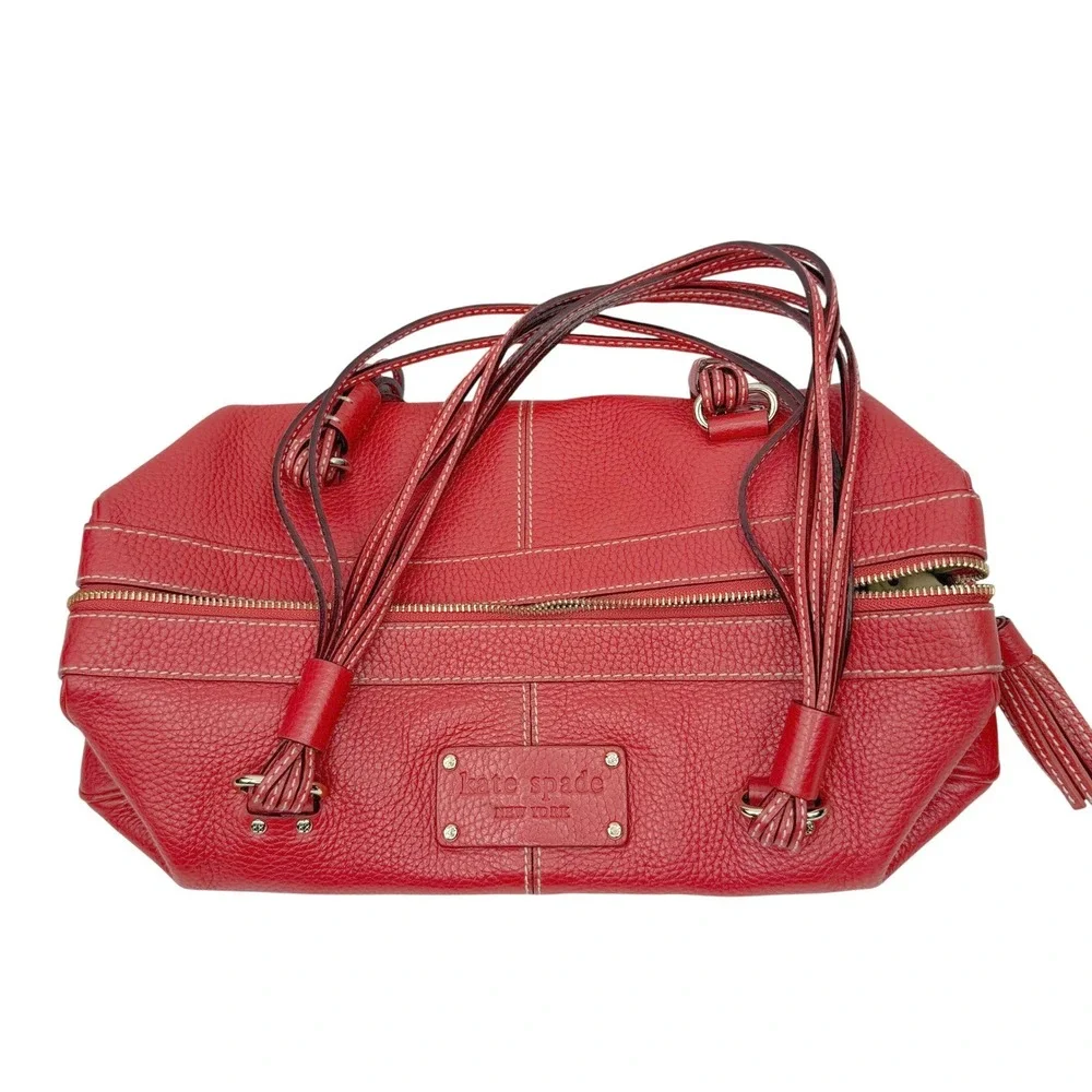 Y2K Kate Spade Barrel Bag‎ Satchel Red Pebbled Leather Tassel Polka Dot Lining